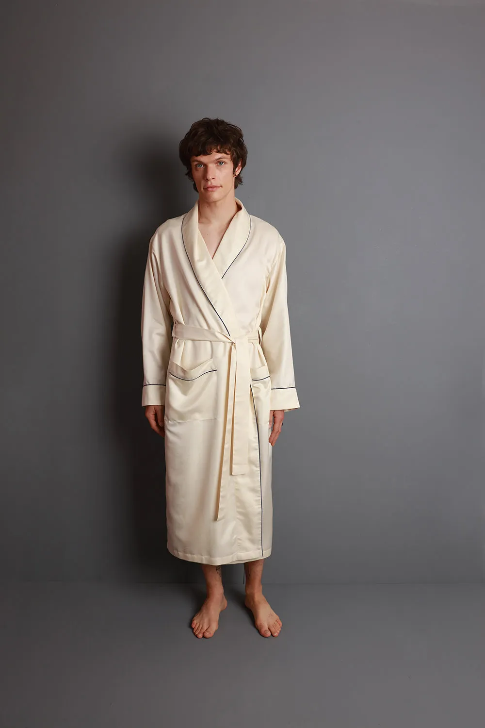 Men's Mulberry Silk Robe - Natural Ivory with Navy Piping sold by The Ethical Silk Company product image thumbnail 2