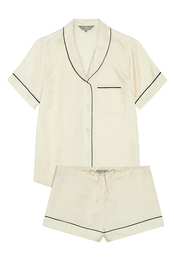 Mulberry Silk Shorties Pyjamas - Natural Ivory with Navy Piping sold by The Ethical Silk Company product image thumbnail 2