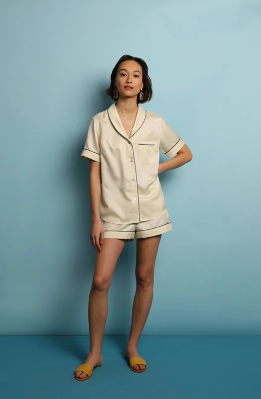 Mulberry Silk Shorties Pyjamas - Natural Ivory with Navy Piping sold by The Ethical Silk Company