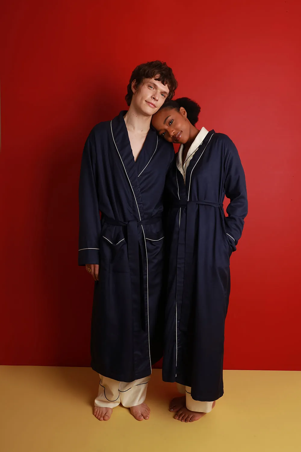 Mulberry Silk Robe - Midnight Navy with Ivory Piping sold by The Ethical Silk Company product image thumbnail 3