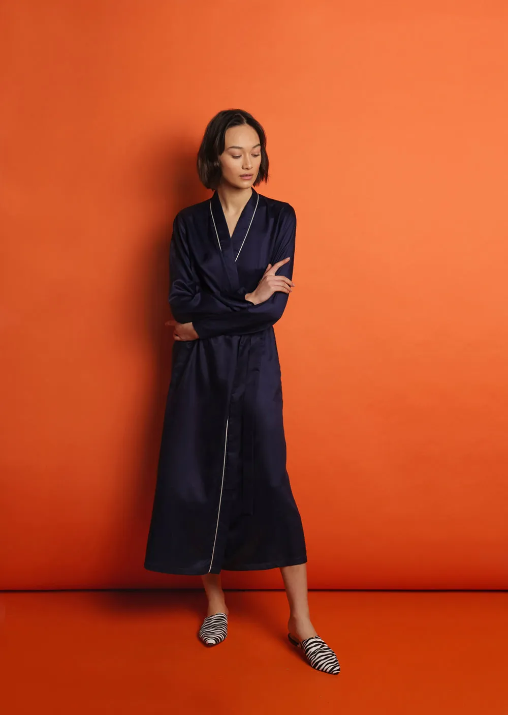 Mulberry Silk Robe - Midnight Navy with Ivory Piping sold by The Ethical Silk Company