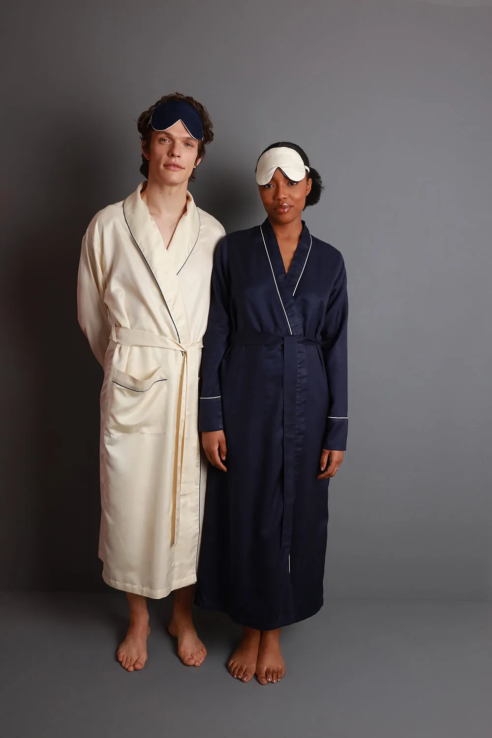 Mulberry Silk Robe - Midnight Navy with Ivory Piping sold by The Ethical Silk Company product image thumbnail 2