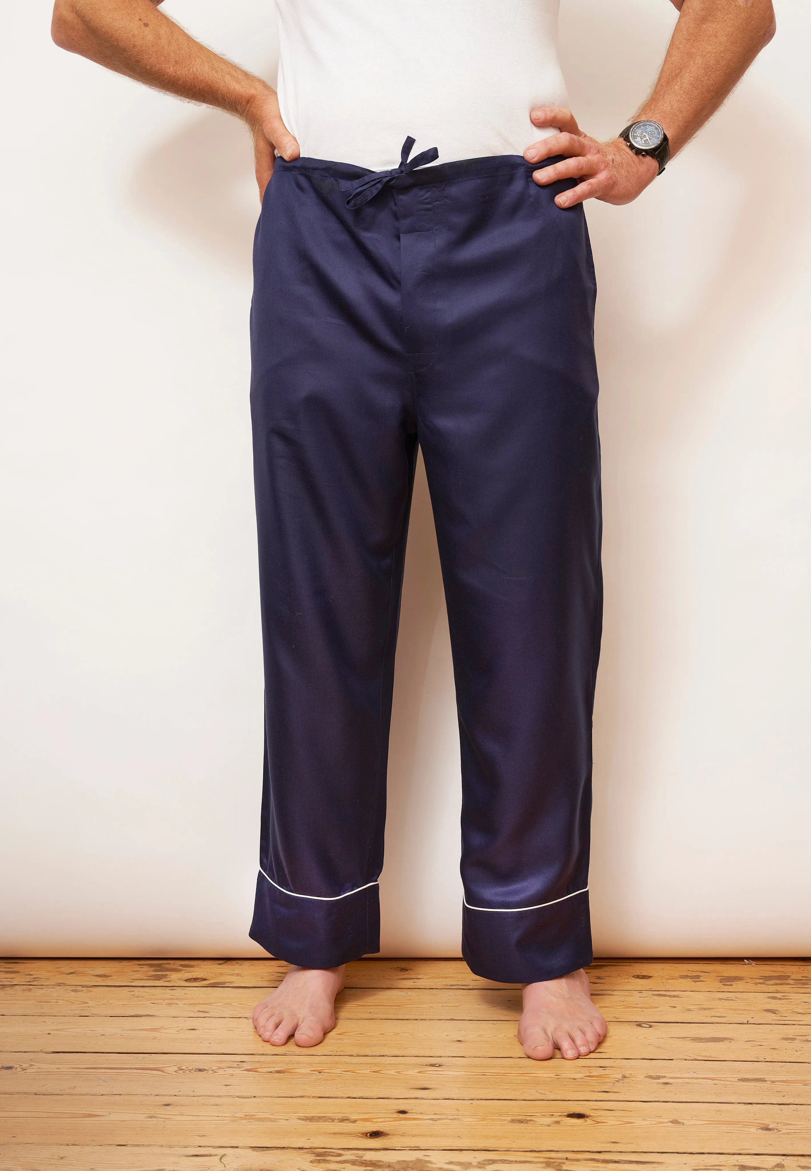 Separate - Mulberry Silk Men's Long Pyjama Bottoms - Midnight Navy with Ivory Piping sold by The Ethical Silk Company product image thumbnail 2