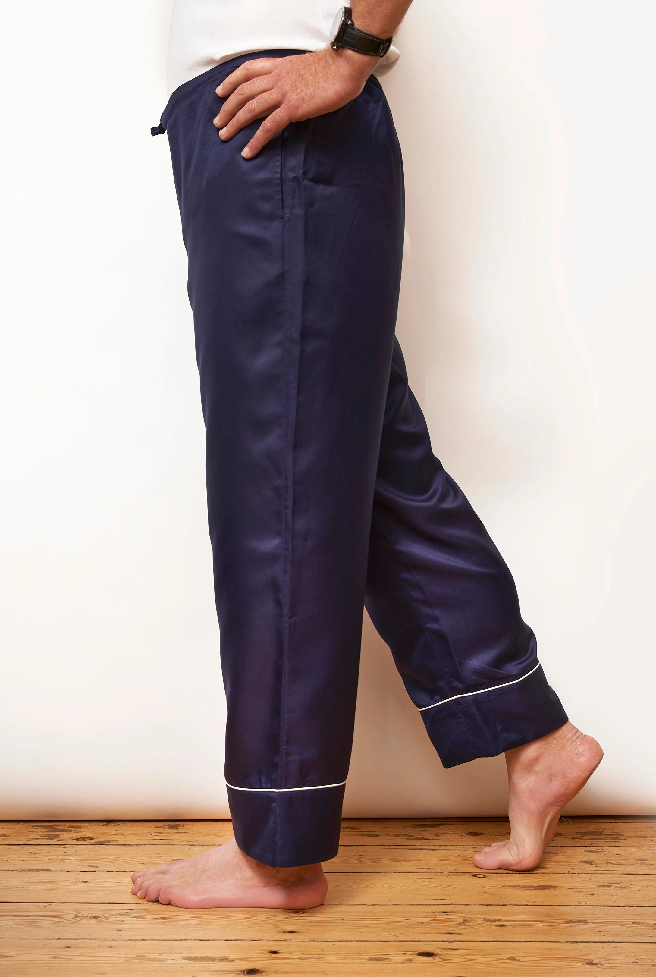Separate - Mulberry Silk Men's Long Pyjama Bottoms - Midnight Navy with Ivory Piping sold by The Ethical Silk Company
