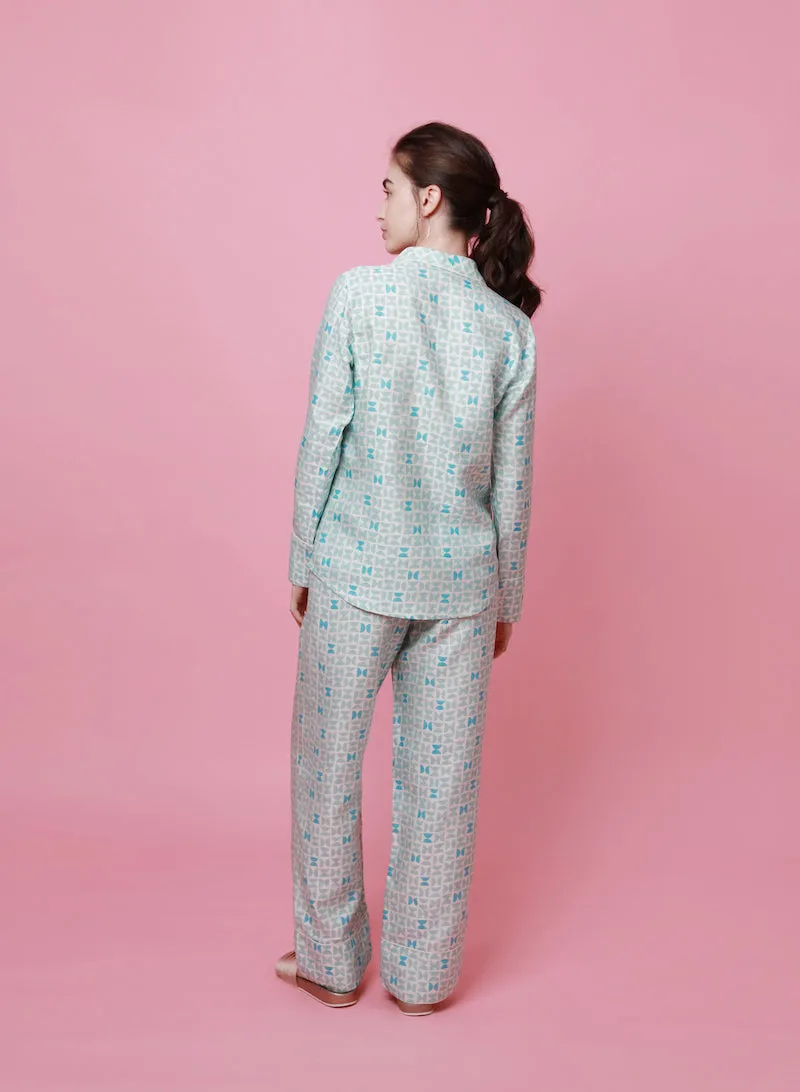 Mulberry Silk Pyjamas - Varanasi Blue. Please note that pieces purchased in our Archive Sale can't be refunded. We are happy to offer an exchange, if we have the stock available or a credit note. sold by The Ethical Silk Company product image thumbnail 2