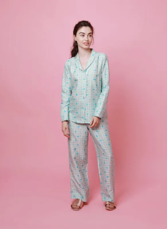Mulberry Silk Pyjamas - Varanasi Blue. Please note that pieces purchased in our Archive Sale can't be refunded. We are happy to offer an exchange, if we have the stock available or a credit note. sold by The Ethical Silk Company
