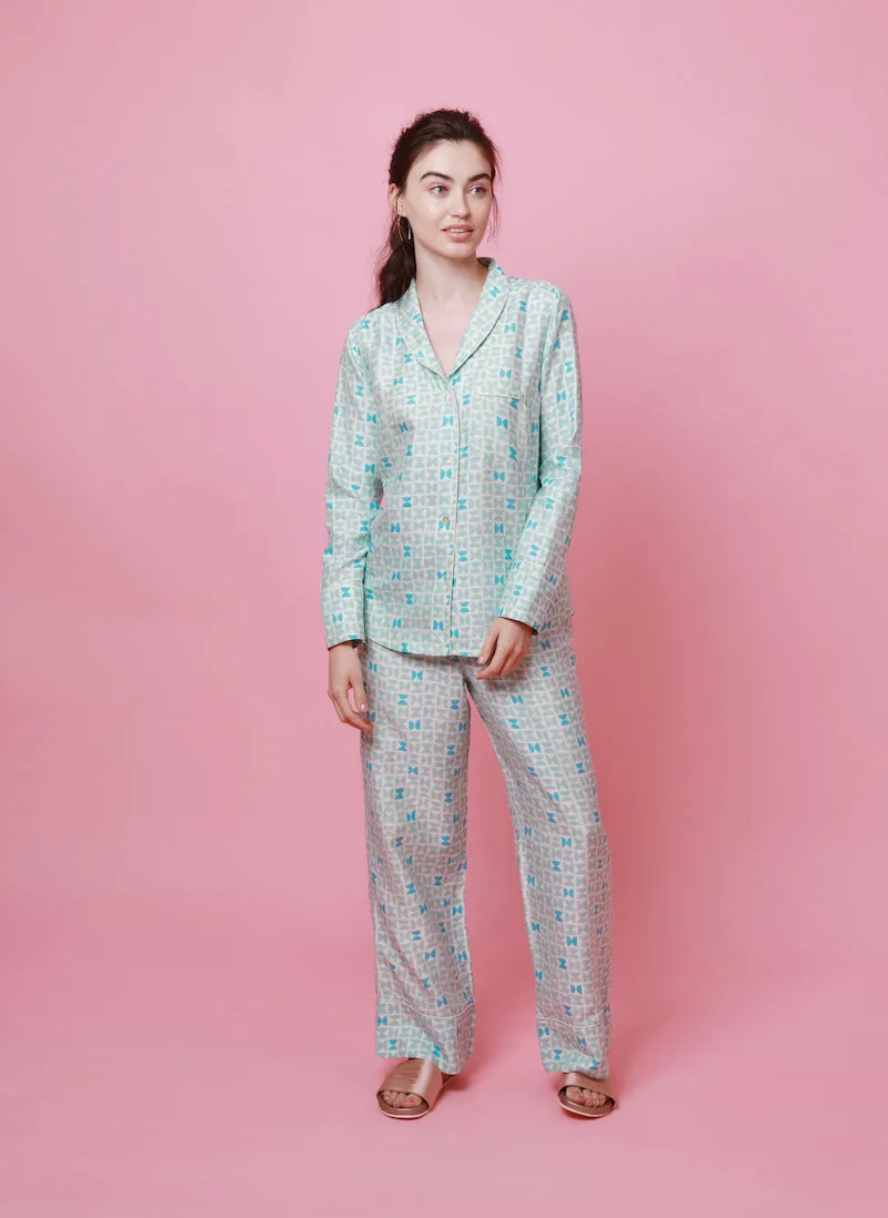 Mulberry Silk Pyjamas - Varanasi Blue. Please note that pieces purchased in our Archive Sale can't be refunded. We are happy to offer an exchange, if we have the stock available or a credit note. sold by The Ethical Silk Company