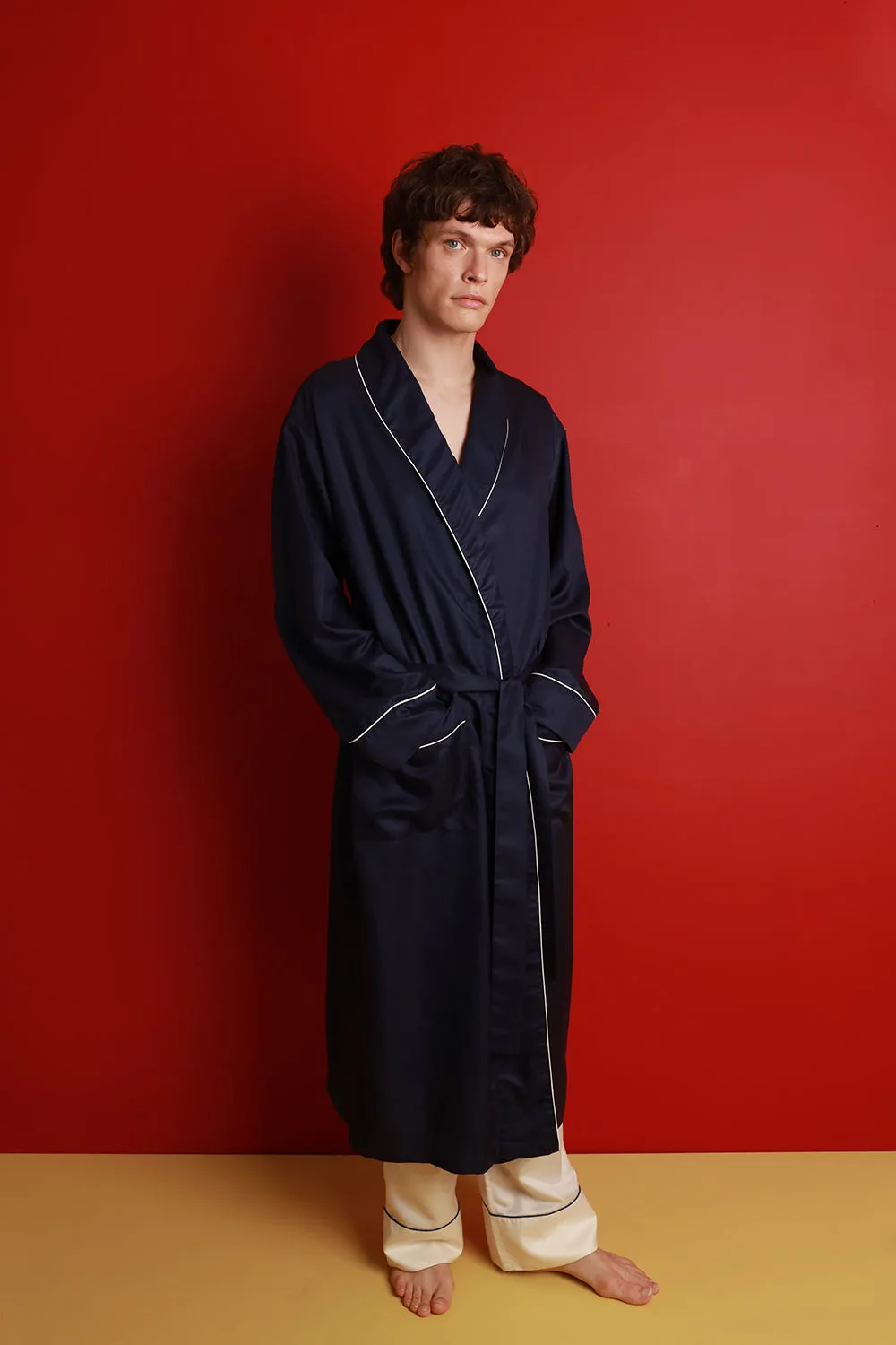 Men's Mulberry Silk Robe - Midnight Navy with Ivory Piping sold by The Ethical Silk Company product image thumbnail 2