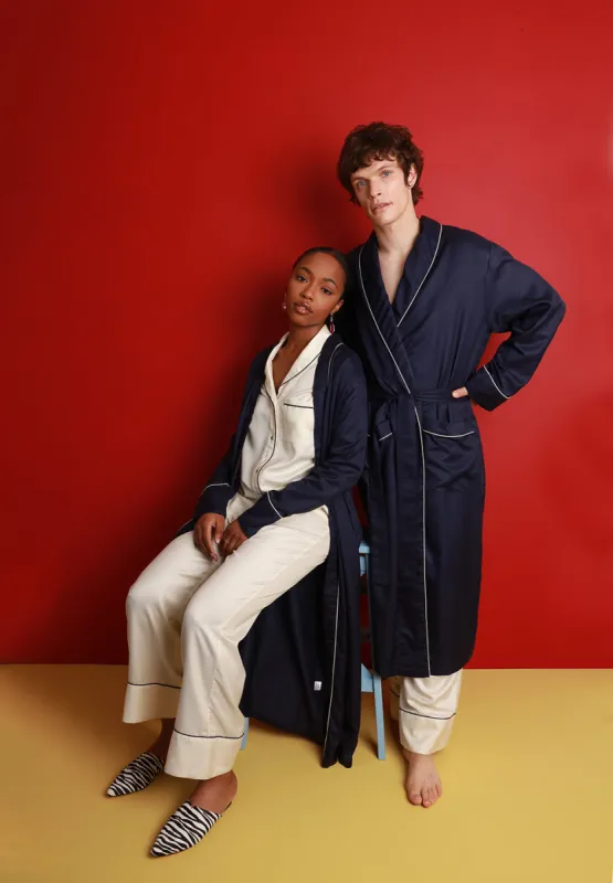 Men's Mulberry Silk Robe - Midnight Navy with Ivory Piping sold by The Ethical Silk Company