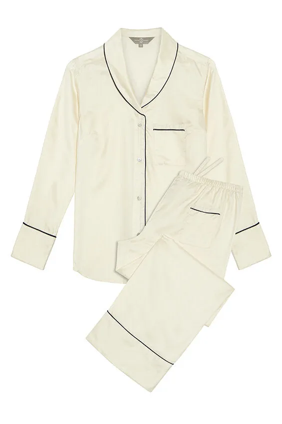Mulberry Silk Pyjamas - Natural Ivory with Navy Detail sold by The Ethical Silk Company product image thumbnail 2