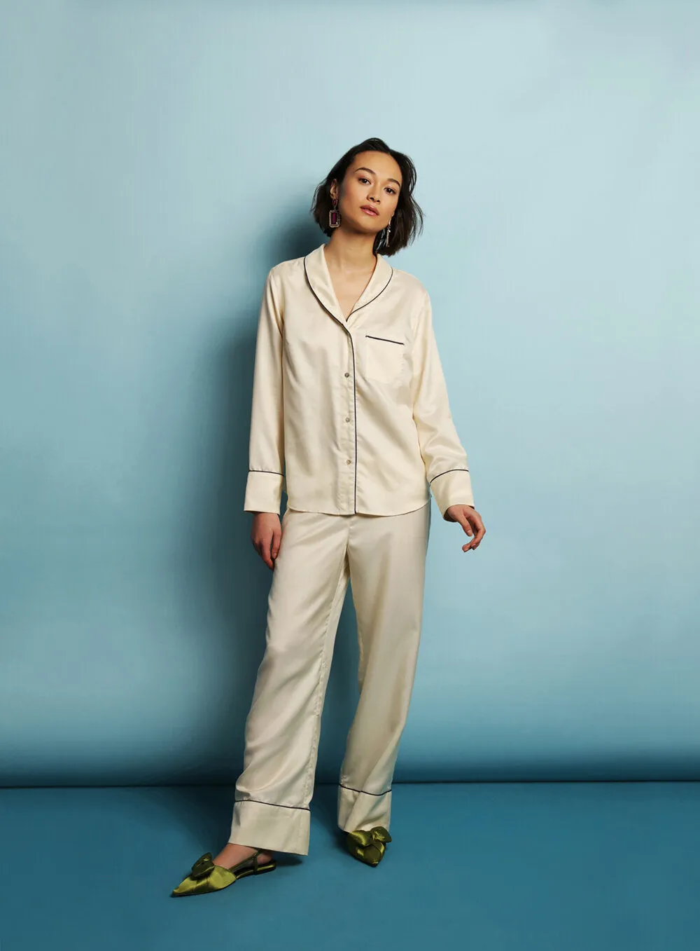 Mulberry Silk Pyjamas - Natural Ivory with Navy Detail sold by The Ethical Silk Company