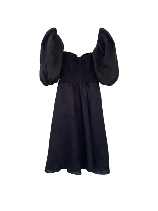 Linen On or Off the Shoulder Dress in Black- The Colette sold by Baacal
