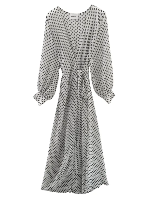 The Maxi Wrap Dress- New Polka Dot White Black sold by Baacal