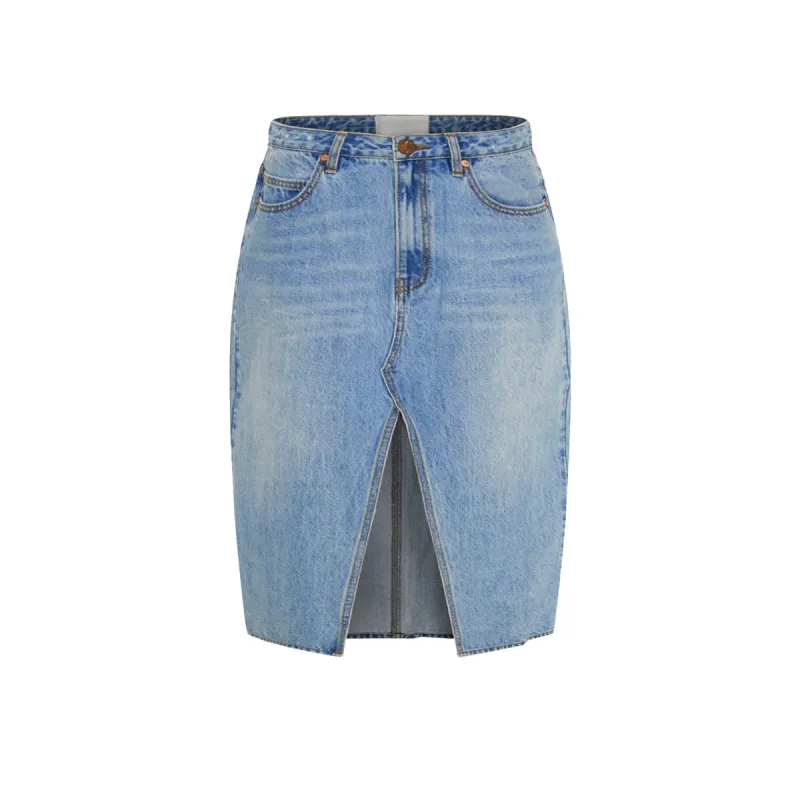 Deconstructed Reconstructed Denim Midi Slit Front Skirt sold by Baacal