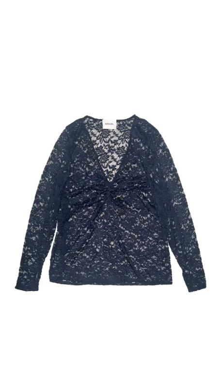 Olivia Stretch Lace Ruched Deep V-Neck Top - Navy sold by Baacal