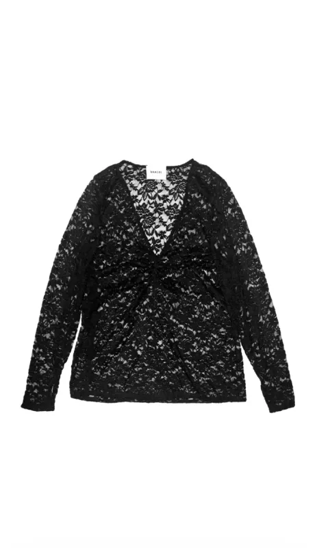 Olivia Stretch Lace Ruched Deep V-Neck Top - Black sold by Baacal