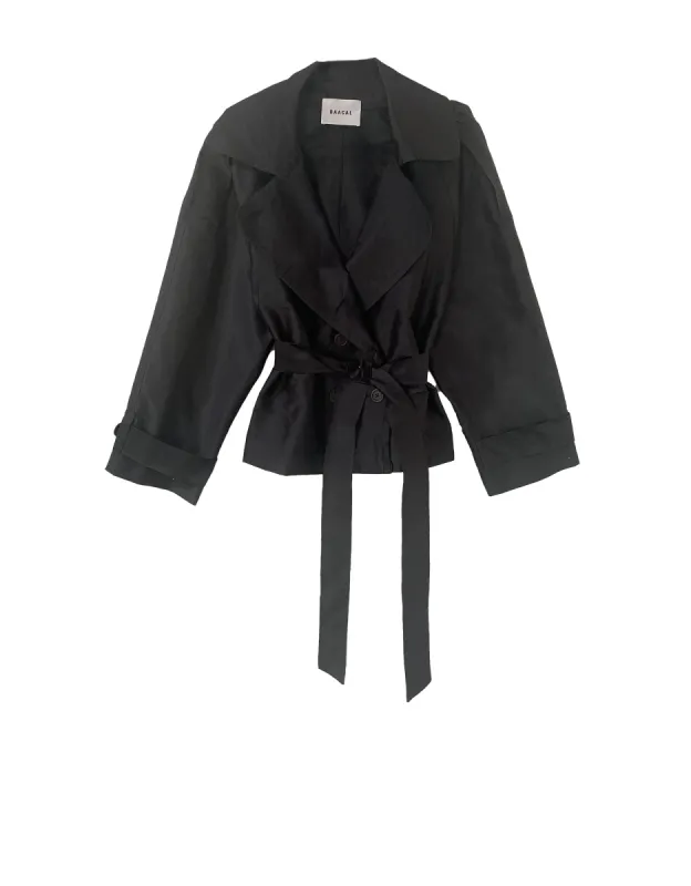 Julia Short Trench Coat- Black Dupioni sold by Baacal