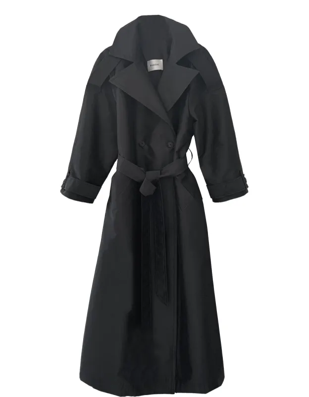Delia Long Oversized Trench- Black Dupioni sold by Baacal