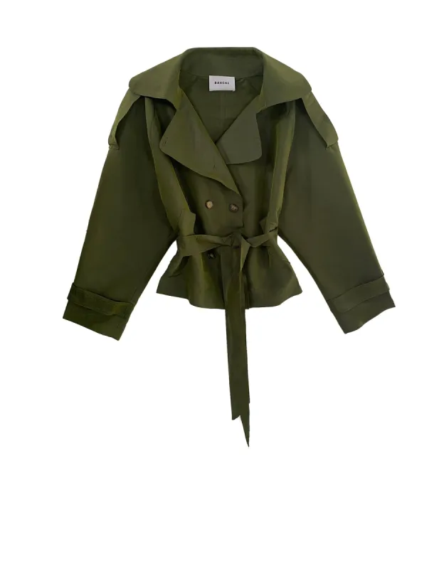 Julia Short Trench Coat- Army Dupioni sold by Baacal