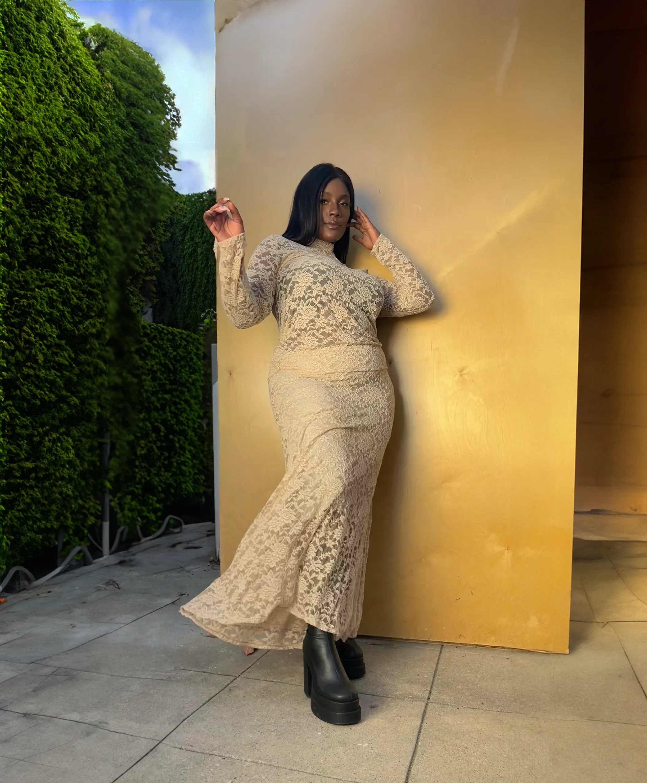 Stretch Lace Turtleneck & Skirt Set - Cream sold by Baacal