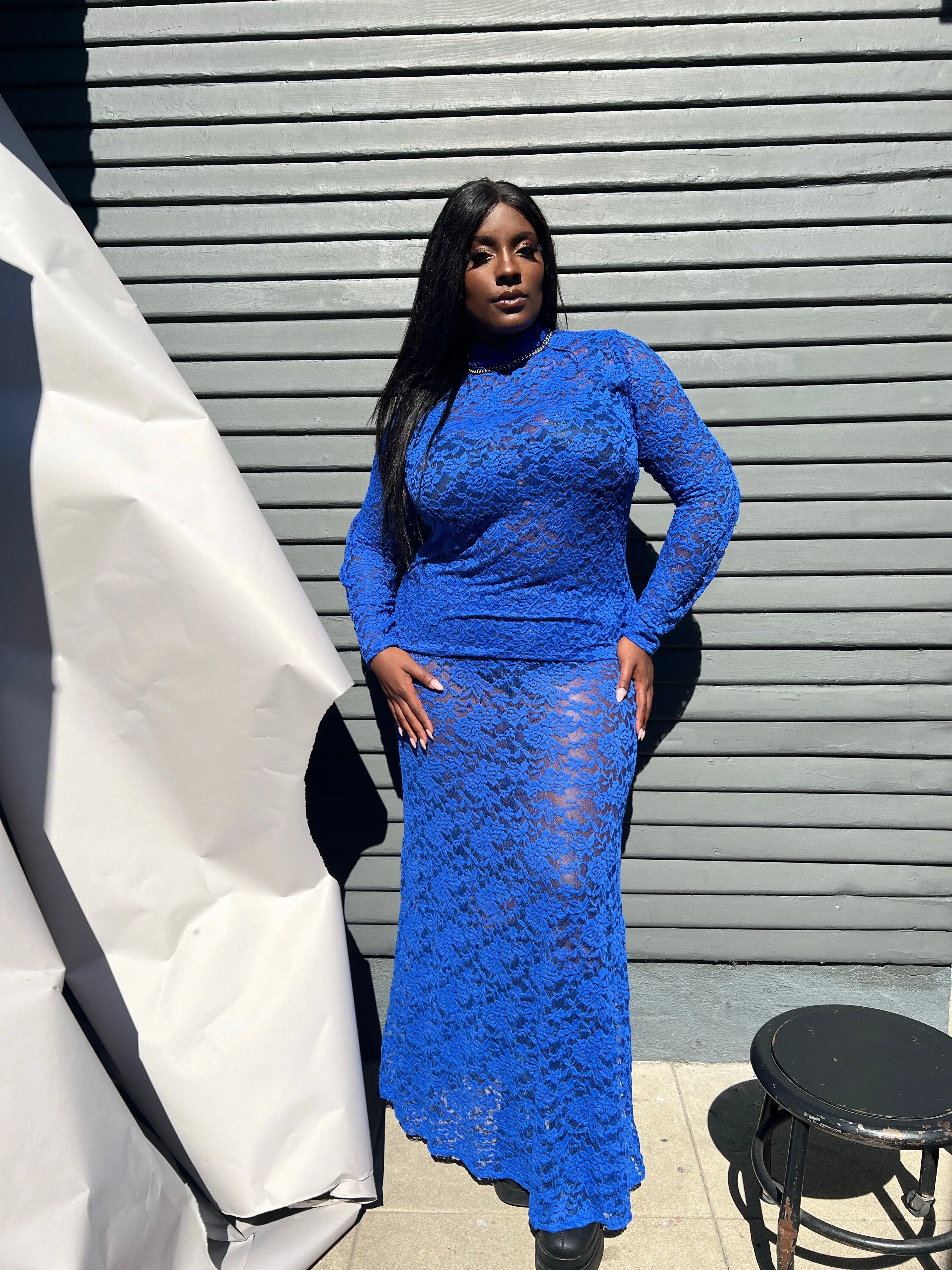 Stretch Lace Turtleneck & Skirt Set- Cobalt sold by Baacal