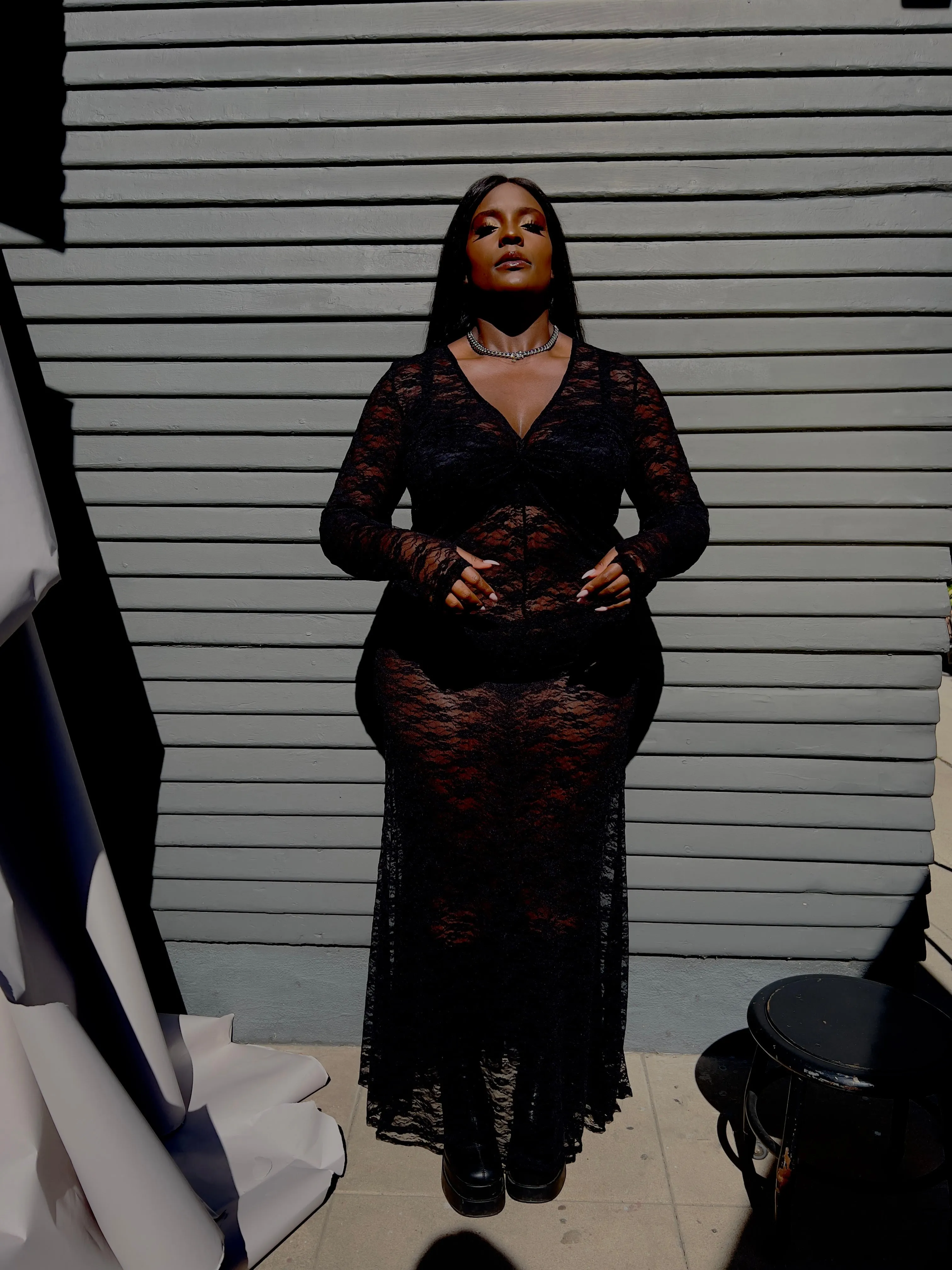 Stretch Lace V-Neck Top & Skirt Set- Black sold by Baacal