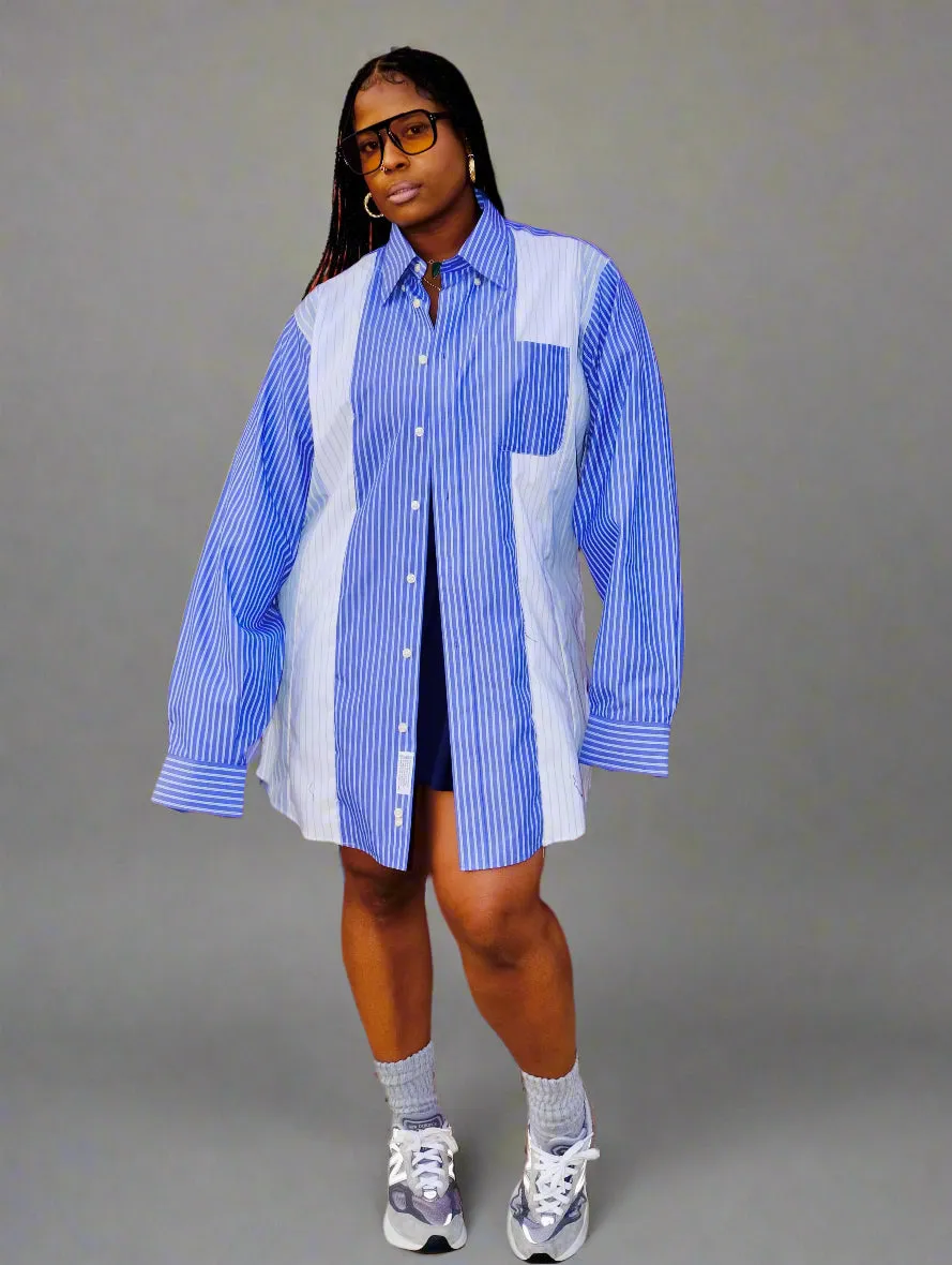 The Vintage Point - Oversized Button Down Shirt - Pinstripe Multi Blue sold by Baacal