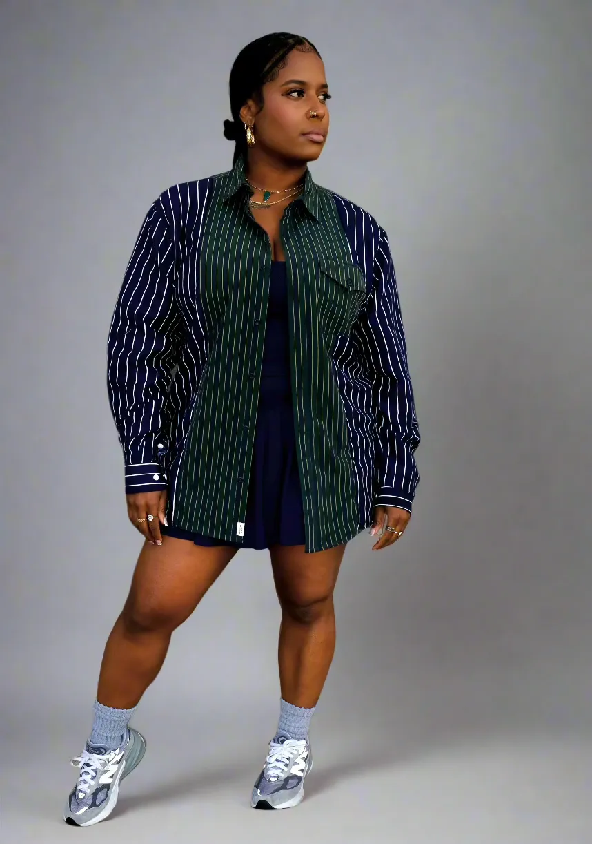 The Vintage Point - Oversized Button Down Shirt - Green/ Blue sold by Baacal