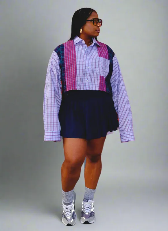 The Vintage Point - Cropped Button Down Shirt - Light Blue/Burgundy sold by Baacal