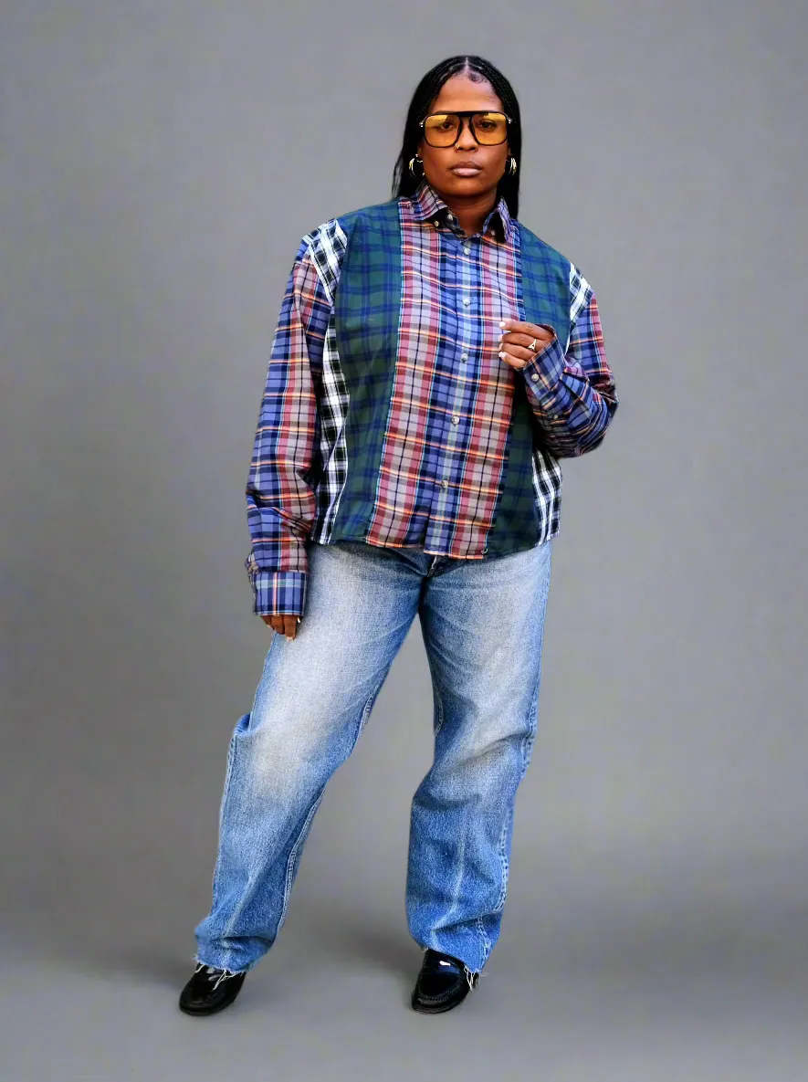 The Vintage Point - Oversized Button Down Shirt - Green/ Blue/ Orange Plaid sold by Baacal