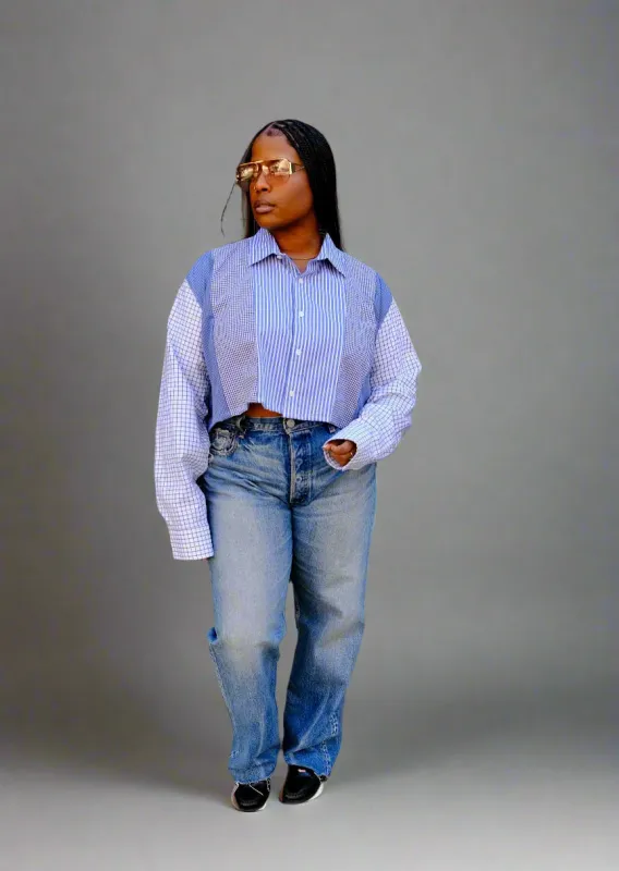 The Vintage Point - Cropped Button Down Shirt - Multi Blue Plaid sold by Baacal