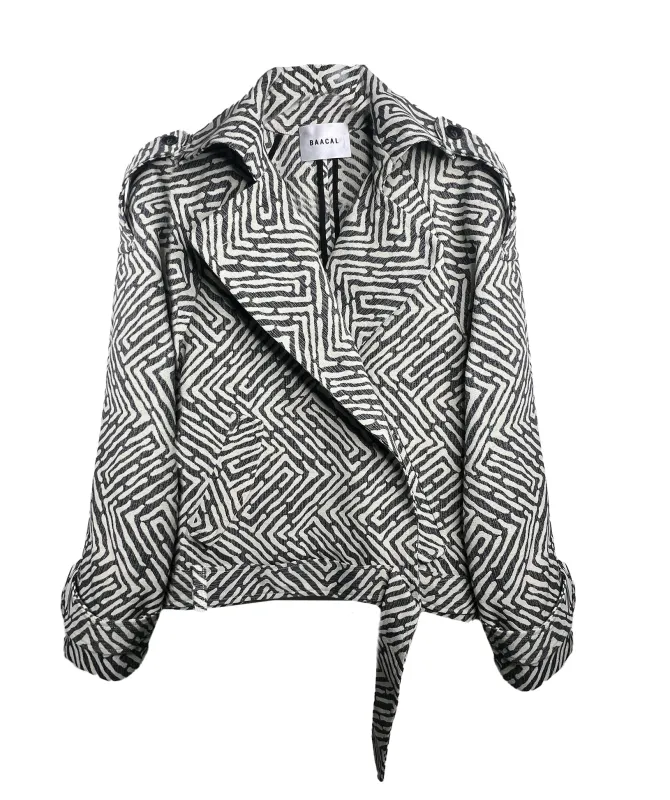 Marlo Short Moto Trench Coat- Geo Brocade sold by Baacal