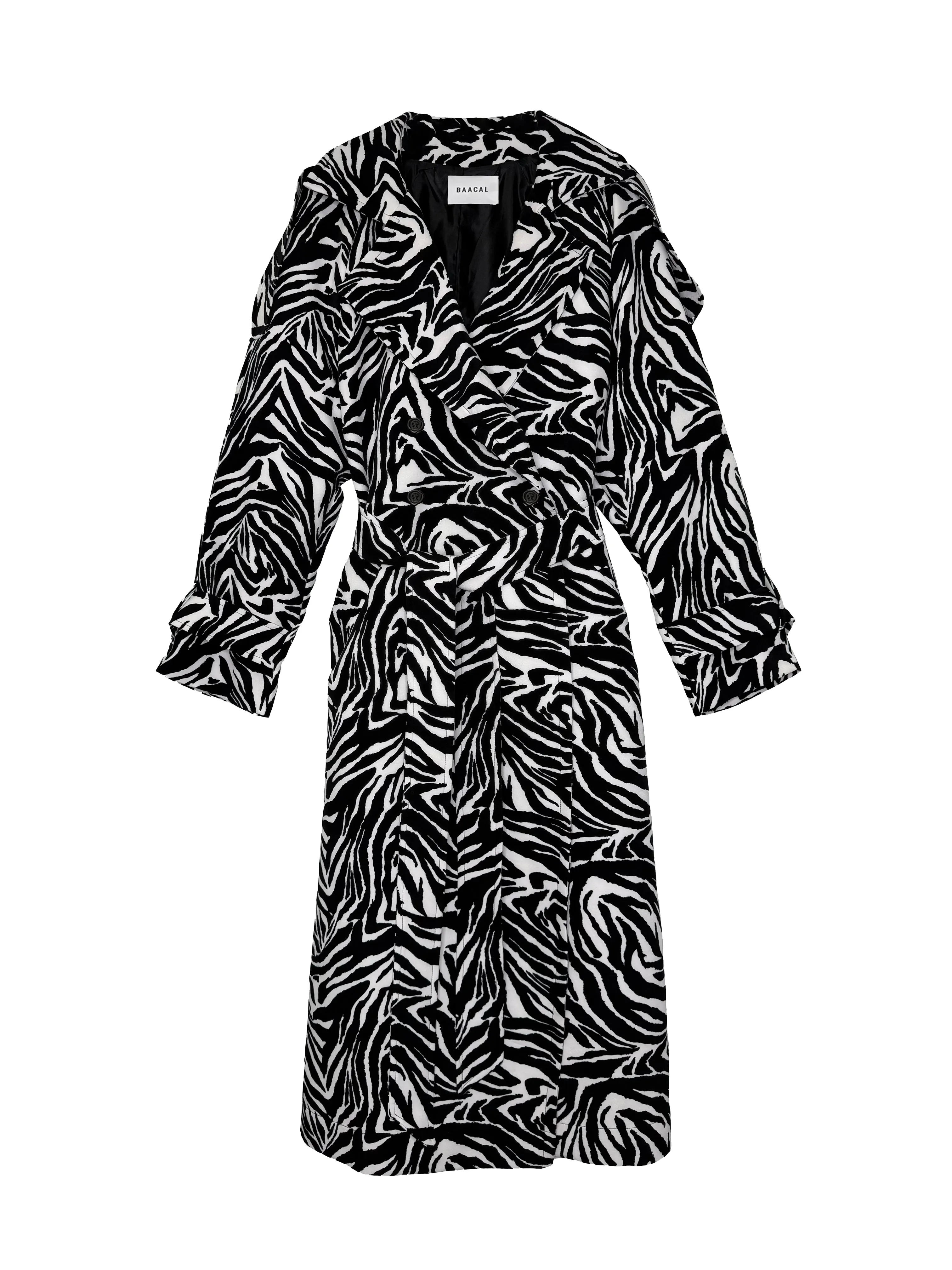 Aria Double Breasted Trench- Black White Zebra sold by Baacal
