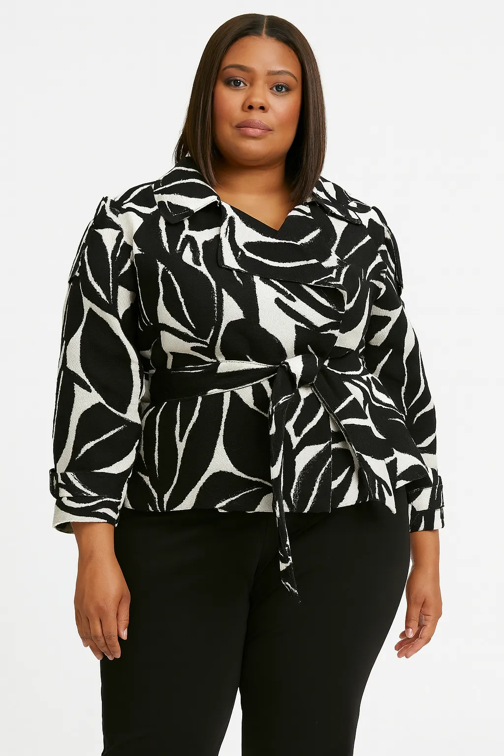 Marlo Short Moto Trench Coat- Black White Leaves sold by Baacal product image thumbnail 2