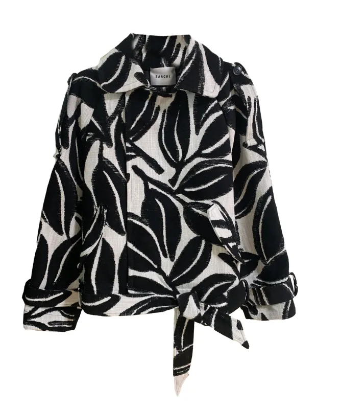 Marlo Short Moto Trench Coat- Black White Leaves sold by Baacal