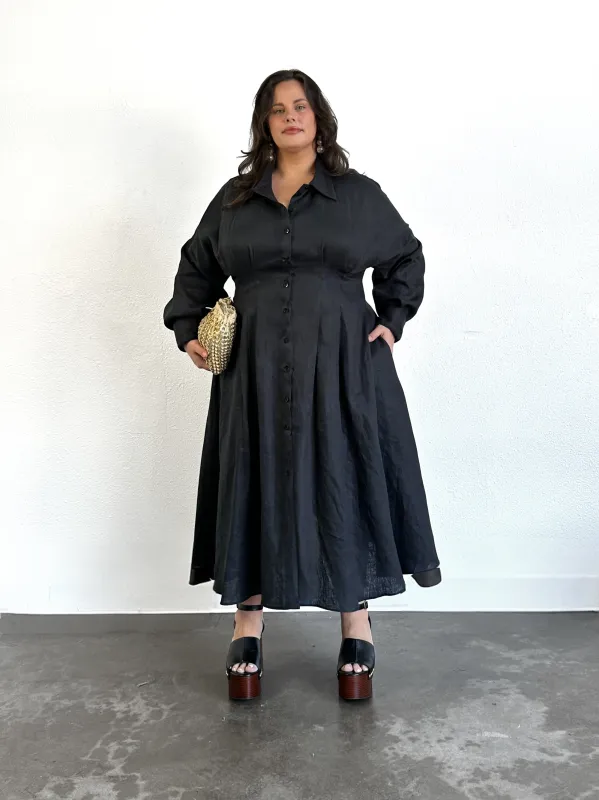 Cinched Waist Shirtdress- Black Linen made by Baacal