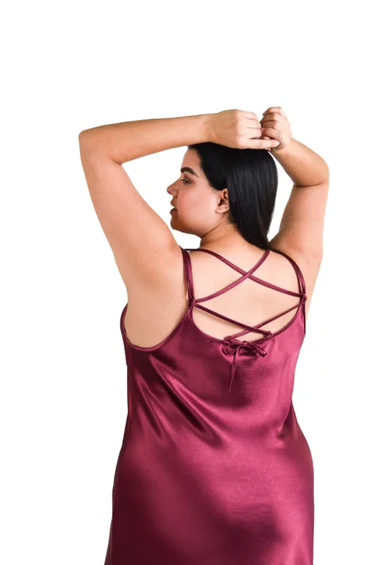 The "Tie Me Up" Mini Bias Slip Dress - Mulberry sold by Baacal