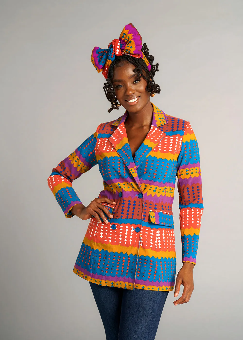 Uyai Women's African Print Stretch Blazer (Orange Teal Adire) - Clearance sold by D'iyanu product image thumbnail 2