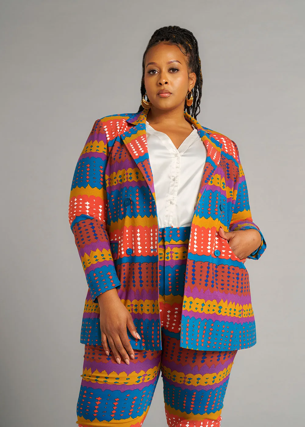 Uyai Women's African Print Stretch Blazer (Orange Teal Adire) - Clearance sold by D'iyanu product image thumbnail 3