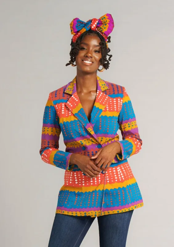 Uyai Women's African Print Stretch Blazer (Orange Teal Adire) - Clearance sold by D'iyanu