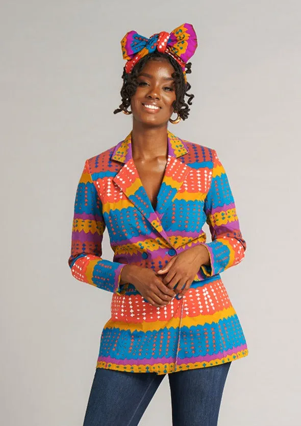 Uyai Women's African Print Stretch Blazer (Orange Teal Adire) - Clearance sold by D'iyanu
