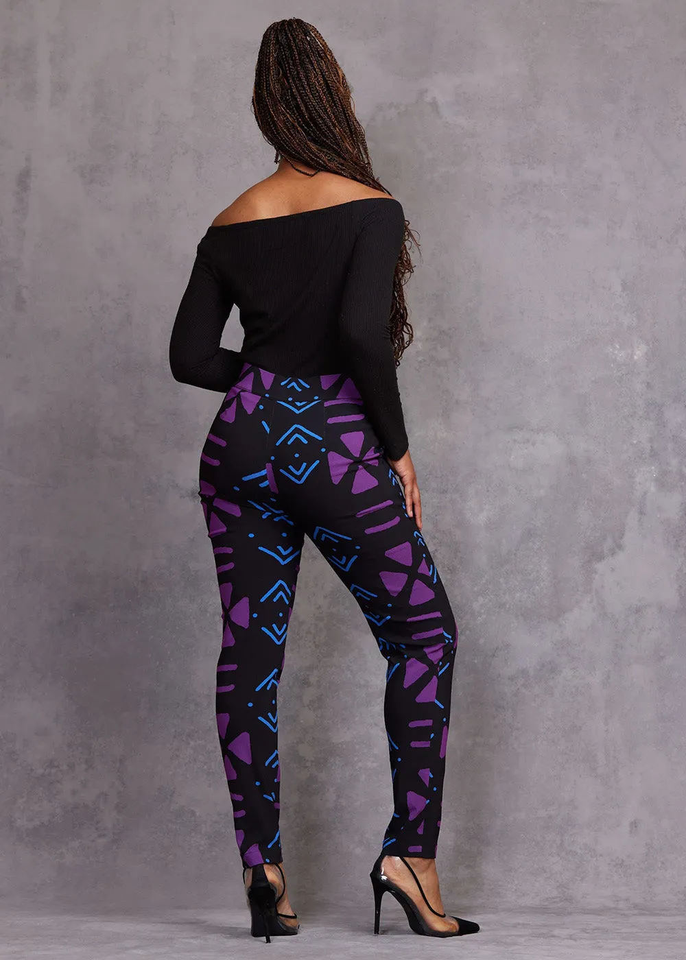 Talia Women's African Print Stretch Pants (Black Purple Mudcloth) sold by D'iyanu product image thumbnail 2