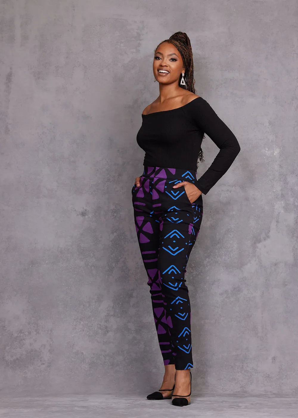 Talia Women's African Print Stretch Pants (Black Purple Mudcloth) sold by D'iyanu product image thumbnail 3