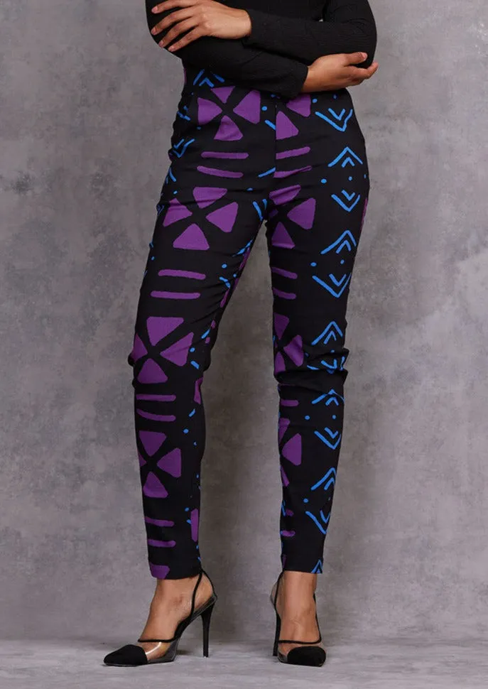 Talia Women's African Print Stretch Pants (Black Purple Mudcloth) sold by D'iyanu