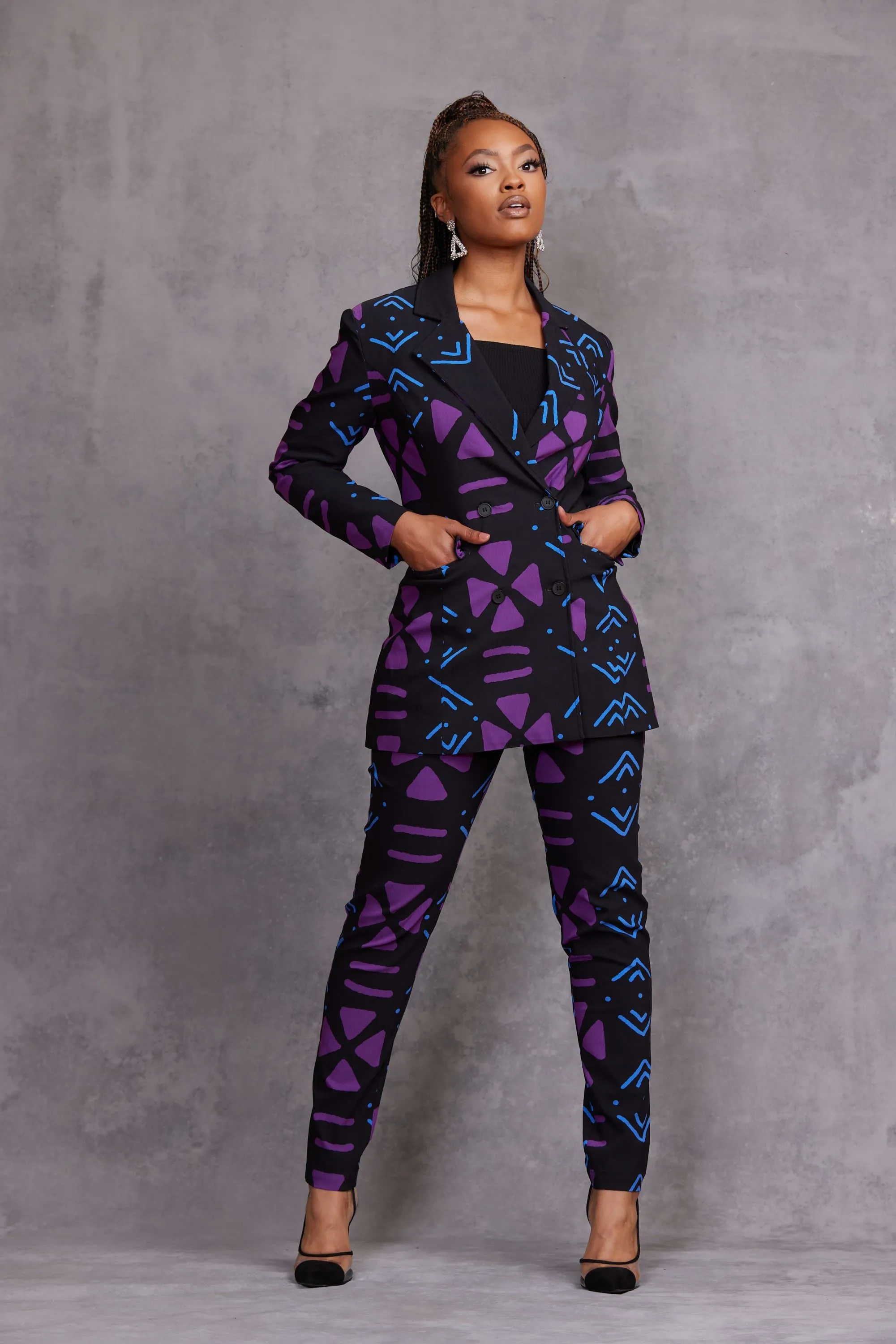 Talia Women's African Print Stretch Pants (Black Purple Mudcloth) sold by D'iyanu product image thumbnail 4