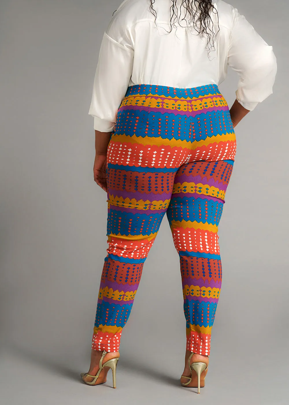 Talia Women's African Print Stretch Pants (Orange Teal Adire) sold by D'iyanu product image thumbnail 5