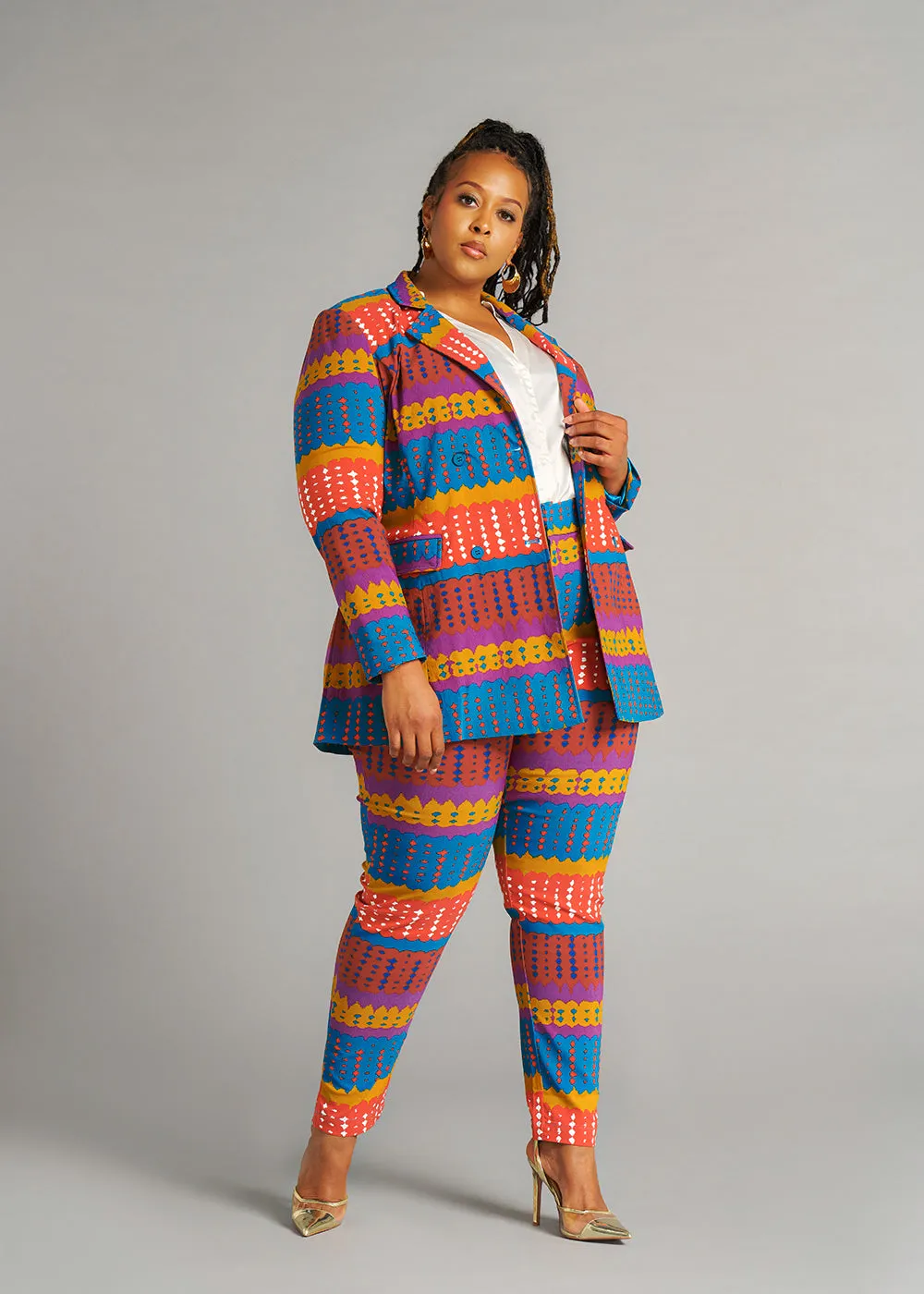 Talia Women's African Print Stretch Pants (Orange Teal Adire) sold by D'iyanu product image thumbnail 4