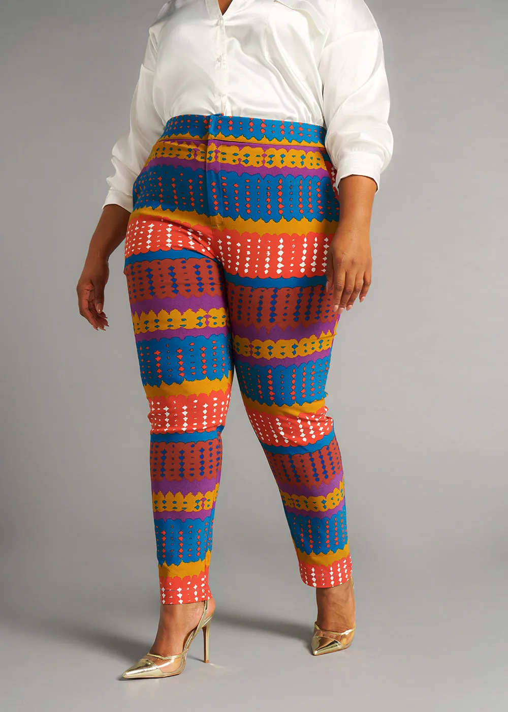 Talia Women's African Print Stretch Pants (Orange Teal Adire) sold by D'iyanu