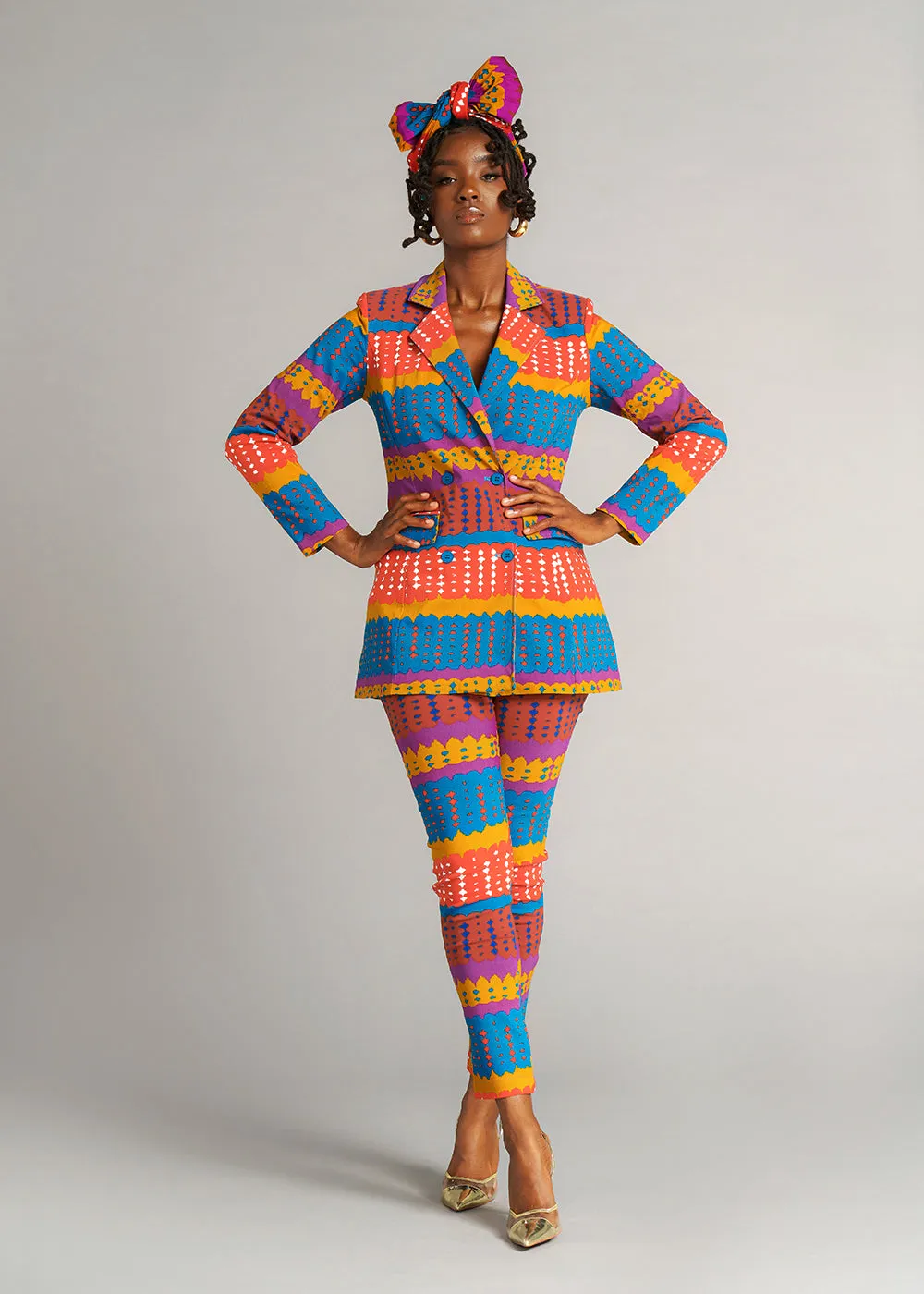 Talia Women's African Print Stretch Pants (Orange Teal Adire) sold by D'iyanu product image thumbnail 3