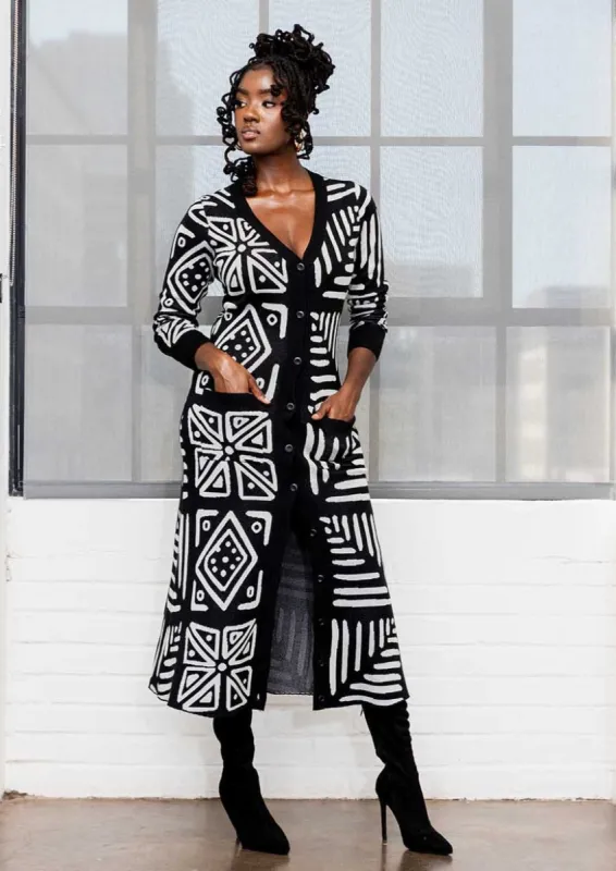 Aisha Women's African Print Cardigan (Grayscale Tribal) sold by D'iyanu